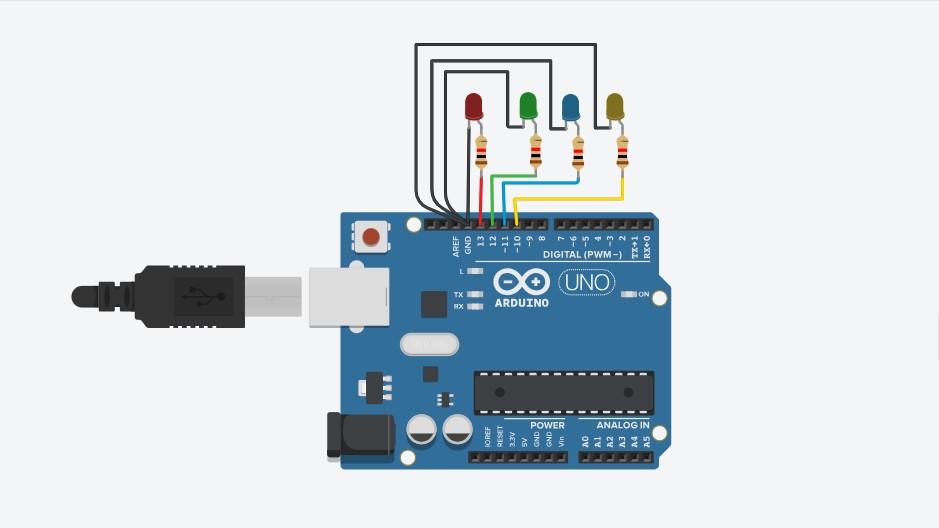 LEDs on pin no. 10,11,12,13 and blink alternatively